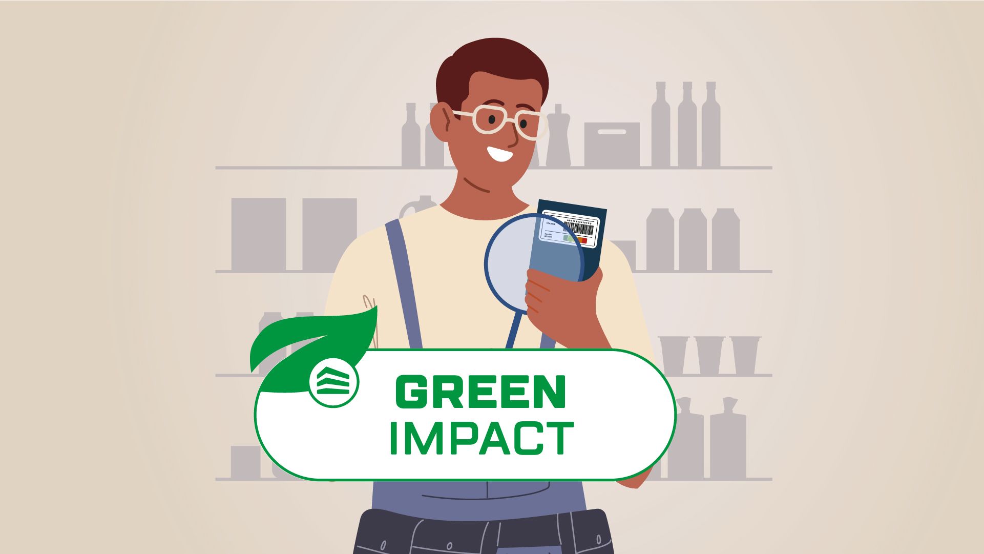 Man scanning a product with his phone, displaying the 'Green Impact' logo.