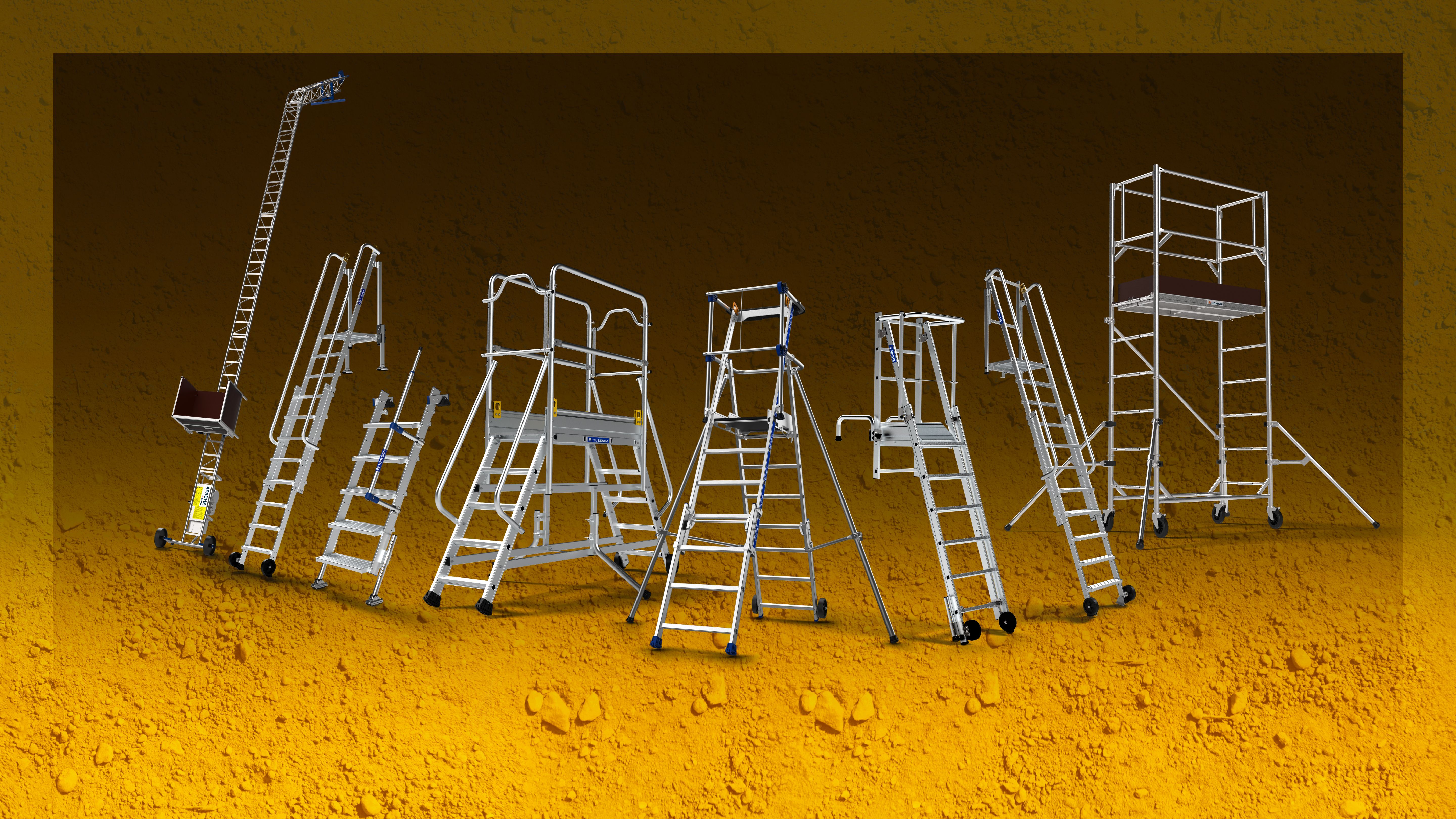 Collection of industrial ladders, mobile stairs, and work platforms.