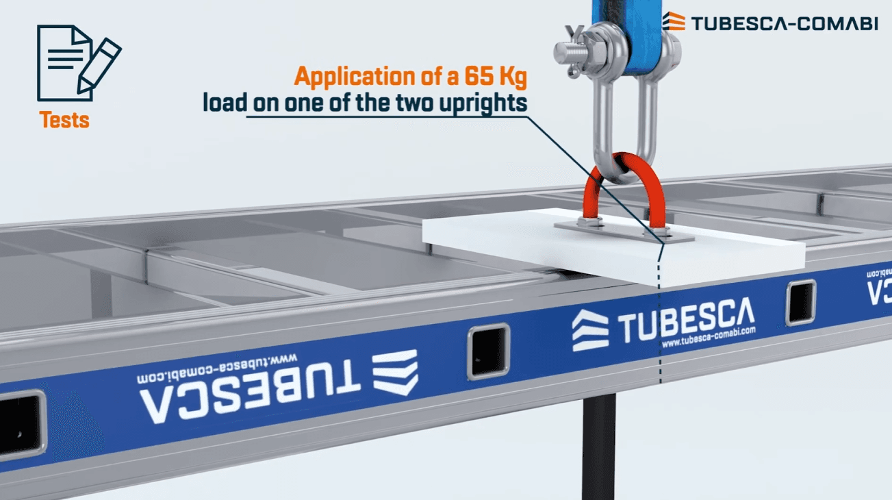 A 65 kg load is applied to a Tubesca ladder upright during rigorous testing.