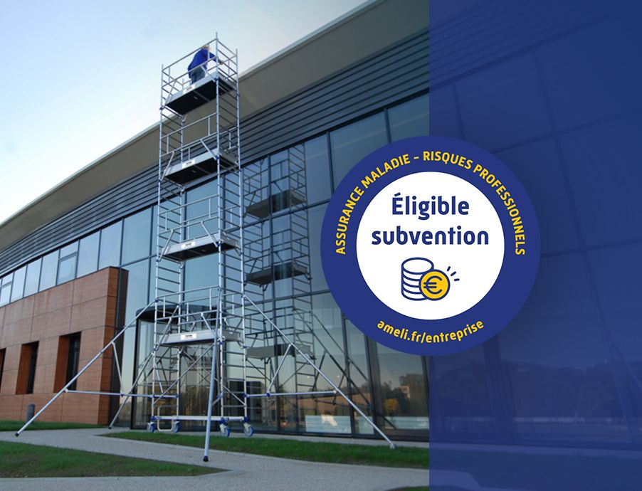 Scaffolding tower stands by a modern glass building, indicating "Eligible for subsidy".