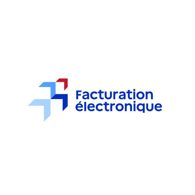 Facturation électronique logo featuring abstract blue and red arrow-like shapes.