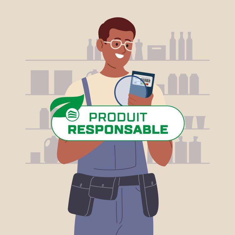 Smiling man with glasses holds a tablet and a green 'Produit Responsable' badge.
